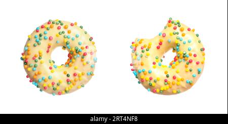 Whole and bitten tasty donuts with sprinkles isolated on white Stock Photo