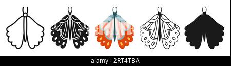 Moth or ornate butterfly retro set. Mystical bohemian symbol insect wings with ornament. Colored, silhouette or symbol, doodle tattoo, line ornate celestial moth. Vintage decoration ornate vector Stock Vector