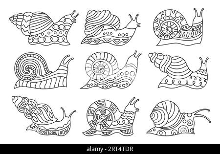 Snail child doodle linear set. Funny baby spiral snails mollusk with ...