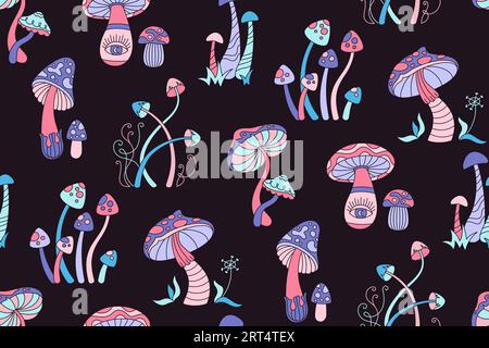 Mushrooms stylizes hippie retro seamless pattern. Poisonous psychedelic abstract mushrooms endless background style of 70s. Vibrant magic seventies fantastic fungus repeat surreal hippy ornament Stock Vector