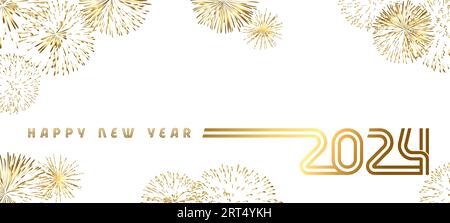 2024 golden fireworks holiday background. Creative symbols for Happy New Year posters, social media banners  or calendar title. Vector illustration Stock Vector