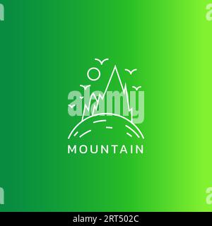 Mountain landscape logo with sun and birds. Stock Vector