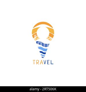 Travel logo with shapes like sea, sun, location and people. Stock Vector