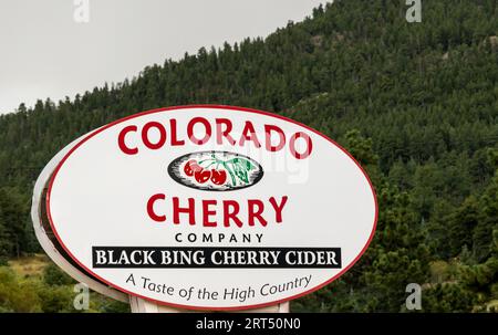 Estes Park, Colorado - September 3, 2023:  Colorado Cherry Company Sign Board Stock Photo