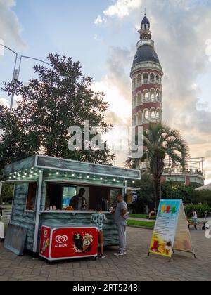 Batumi, Georgia 09.10.2023 Kiosk in the resort area. Stylized minimarket in the park. Beautiful, cozy place. People relax and buy food. Resting-place. Stock Photo