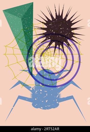 Spider and spider web with geometric shapes. Object in trendy riso ...