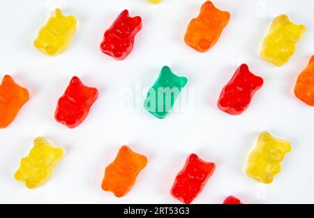 pile of colorful jelly bear candies on white back ground Stock Photo
