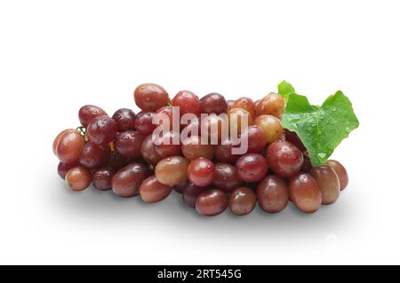 Large bunch fresh ripe organic red grape with leaves on white isolated background with clipping path. Red grape have sweet taste, juicy and delicious, Stock Photo
