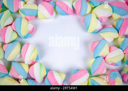 marshmallow candy on white background, top view Stock Photo