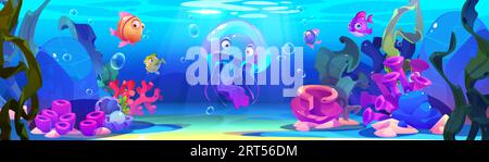 Jellyfish underwater with seaweed vector illustration. Aquarium flora and life with sponge, rock and sand. Jelly fish character swimming in deep ocean cartoon background. Abstract seafloor nature Stock Vector