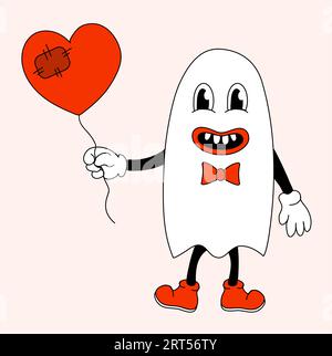 Retro Groovy Halloween Ghost boy with heart balloon. Vector flat. Stock Vector