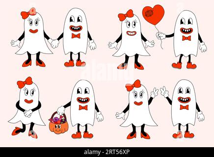 Retro set 70s 60s 80s Hippie Groovy Halloween Ghosts girl and boy in love. Holding hands. Gives a heart balloon. Show the peace sign. Stock Vector