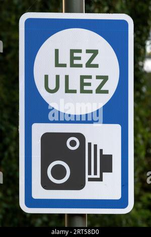 ULEZ camera warning sign. Transport for London, TfL, ANPR camera warning sign in Stanmore, Greater London, UK. The blue and white sign displays LEZ, ULEZ and a camera symbol. Credit: Stephen Bell/Alamy. Stock Photo