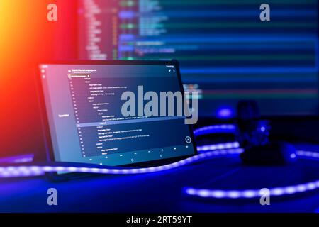 Abstract computer script code. Programming code screen of software developer. Software Programming Stock Photo