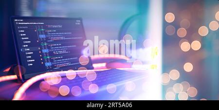 Monitor closeup of function source code. Abstract IT technology background. Software source code. Stock Photo