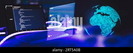 Server logs analysis. Closeup developing programming and coding technologies. Developer working on web sites codes in office. Stock Photo