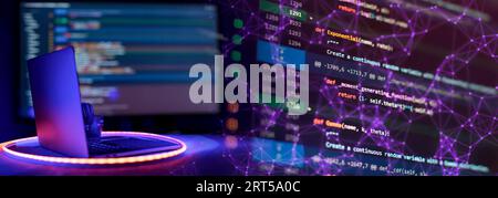 SEO optimization. Modern tech. PHP syntax highlighted. Writing programming functions on laptop. Big data and Internet of things trend. Stock Photo