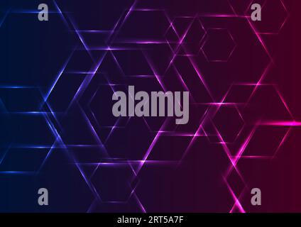 Colorful blue and purple neon hexagons. Glowing abstract geometric background. Modern technology vector design Stock Vector