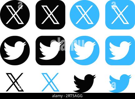 Twitter X new logo vcetor. X New Twitter icon. Set of Twitter new and old round and square logo. Twitter rebrand little bird to X letter symbol. Elon Stock Vector