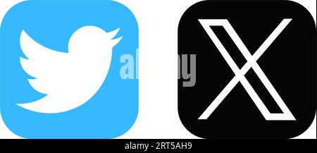 X New Twitter icon. Twitter rebrand little bird to X letter symbol. Twitter X new logo vcetor. Elon Musk change social media logo Novation. Set of Twi Stock Vector