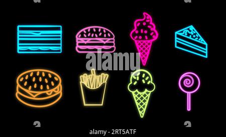 Neon bright glowing multicolored set of eight icons of delicious food and snack items for restaurant bar cafe: sandwich, ice cream, burger, cake, frie Stock Vector