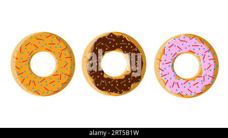 A set of three different round sweet tasty donuts of hot sugar-filled caramel chocolate and a cup of hot, fast strong morning coffee for breakfast on Stock Vector