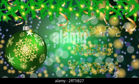 Round Christmas ball, toy, Christmas, New Year decoration with a pattern of snowflakes in spruce branches with garlands and golden ribbons on a blurre Stock Vector