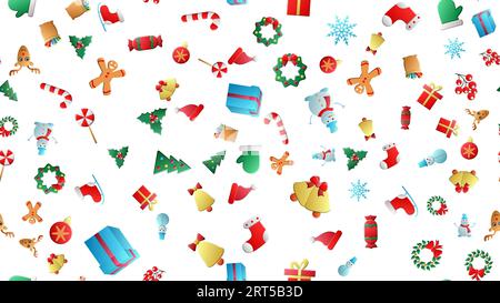 Hand drawn winter pattern. Christmas pattern. Winter elements. Deer, snowflakes, holly, christmas balls, snowballs, spruce, mitten, sweets, candles, g Stock Vector