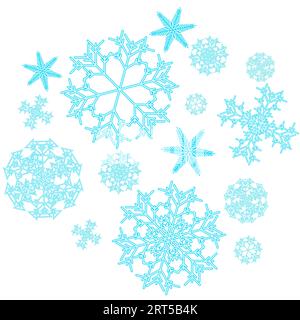 A set of beautiful, Christmas, carved, New Year, festive unique blue, turquoise and white snowflakes of different shapes and sizes on a white backgrou Stock Vector