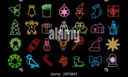 Christmas neon signs. Vector illustration on winter holidays. Neon luminous symbols for New Year and Christmas projects greetings cards, posters, bann Stock Vector