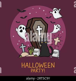 Halloween party Black cat in graveyard. Doodle Hand drawn. Vector illustration Stock Vector