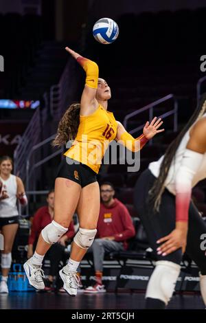 during a NCAA women’s volleyball match, Saturday, September 9, 2023, at the Galen Center, in Los Angeles, CA. The Trojans defeated the Red Foxes 3-0. Stock Photo