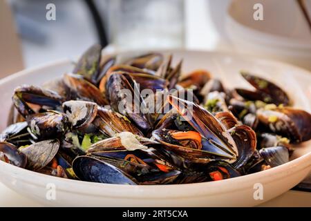 Freshly cooked mussels steamed in white wine sauce or moules marinieres on a plate at a restaurant in Nice Old Town, French Riviera, South of France Stock Photo