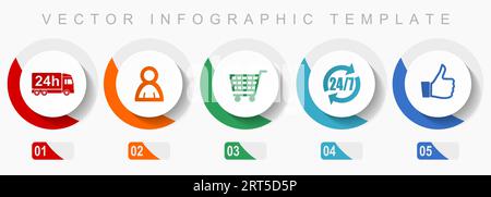 Shopping icon set, miscellaneous icons such as 24h delivery, customer, cart and like, flat design vector infographic template, web buttons in 5 color Stock Vector