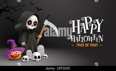 Halloween grim reaper character vector design. Happy halloween trick or treat text in empty space with grim reaper holding scythe elements. Vector Stock Vector