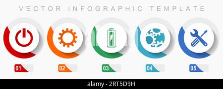 Industry icon set, miscellaneous icons such as power, cogwheel, battery and tools, flat design vector infographic template, web buttons in 5 color opt Stock Vector