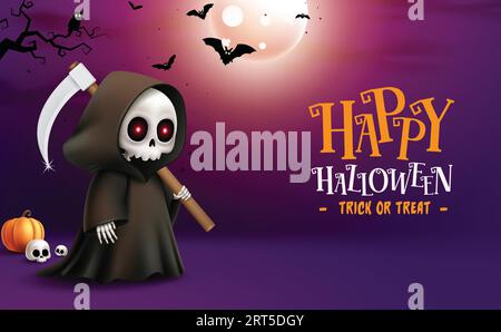 Happy halloween text vector design. Halloween grim reaper character holding scythe elements in full moon scary night background. Vector illustration Stock Vector