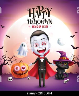 Halloween dracula character vector design. Happy halloween greeting card with cute spooky vampire, pumpkin, ghost and cat in full moon night Stock Vector