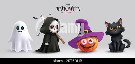 Halloween characters horror vector set design. Halloween character like grim reaper, ghost, pumpkin and cute cat mascot cartoon. Vector illustration Stock Vector