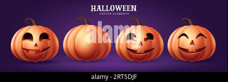 Halloween pumpkins set vector design. Halloween pumpkin orange elements isolated in purple background for horror decoration. Vector illustration Stock Vector