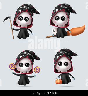 Halloween grim reaper characters vector set design. Halloween grim reaper cute character collection wearing robe and black hood costume elements Stock Vector