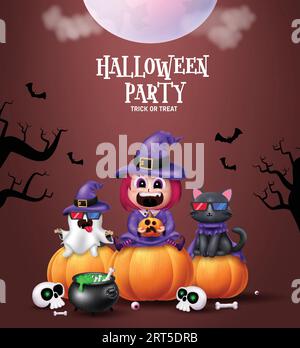 Halloween party text vector design. Halloween party trick or treat greeting with girl witch, ghost and kitten cat characters in creepy night Stock Vector