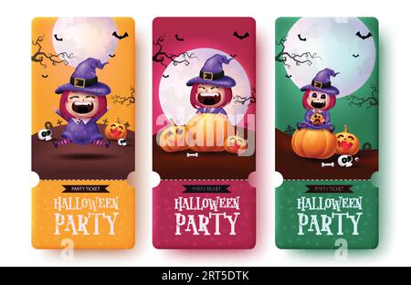 Halloween party ticket set vector design. Halloween party tags and sticker collection with cute witch character and pumpkin elements in graveyard Stock Vector