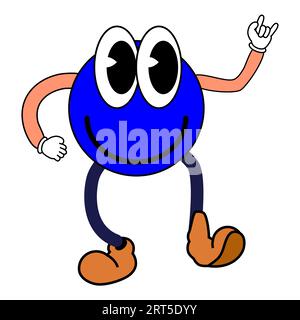 Groovy Cartoon funny cartoon smile character, vintage. Funky comic bright emoticon blue sticker Stock Vector