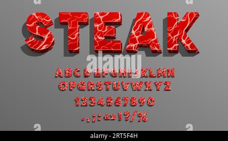 Meat font, butcher type, grill typeface, bbq beef letters alphabet, vector food typography. Beef or pork steak abc font, letters and numbers made of raw meat with white and red marble texture Stock Vector