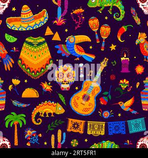 Mexican holiday and festival objects seamless pattern. Vector background with cartoon sombrero hat, maracas, guitar and hummingbird, guitar, toucan, chameleon and flowers in ethnic alebrije style Stock Vector