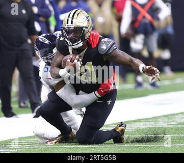 Tennessee Titans linebacker Harold Landry III (58) celebrates after sacking  Los Angeles Chargers quarterback Justin Herbert during the second half of  an NFL football game Sunday, Sept. 17, 2023, in Nashville, Tenn. (