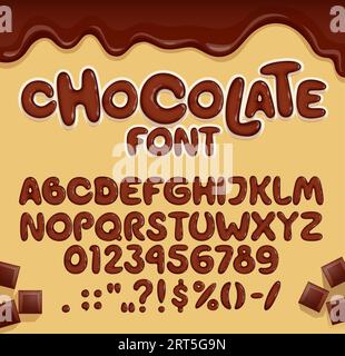 Chocolate font, candy type, brown choco typeface, tasty english alphabet letters and numbers, vector typography. Sweet dessert food abc font with cartoon melted dark chocolate drips and choco bars Stock Vector