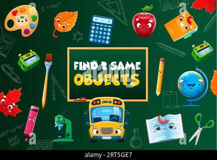 Find two same cartoon school stationery characters kids game quiz. Matching puzzle vector worksheet with cute pencil, book, paint, notebook, bus and globe personages on classroom blackboard background Stock Vector
