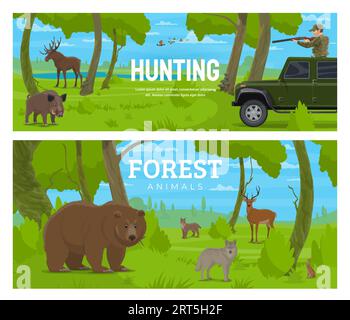 Forest animals and birds, hunting sport vector banners with hunter and bear. Hunt season on wild elk moose, wolf or lynx, deer and rabbit or hare and ducks flying in forest with hunter car and rifle Stock Vector